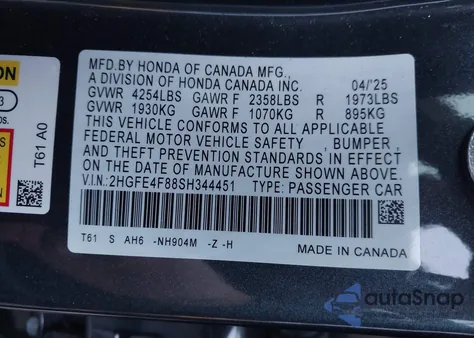 2025 Honda Civic Hybrid Sport/Sport Touring z USA, uszkodzony, nr VIN 2HGFE4F88SH344451